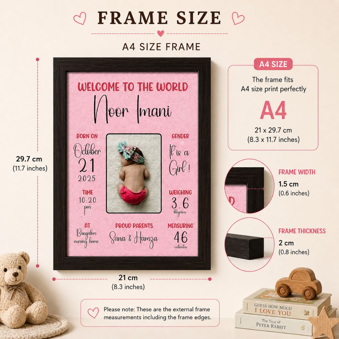 Baby birth personalized photo frame (Welcome to the world - Pink) - Bop Canvases