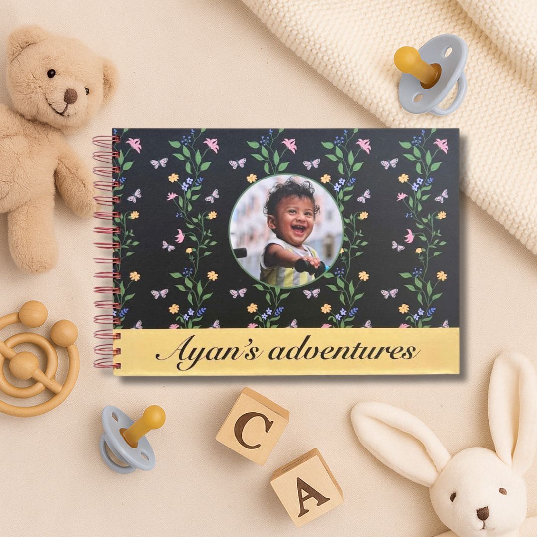 Baby memory book | Personalized with name and picture of your child | Floral Black | 0 to 4 years | A4 Size - Bop Canvases