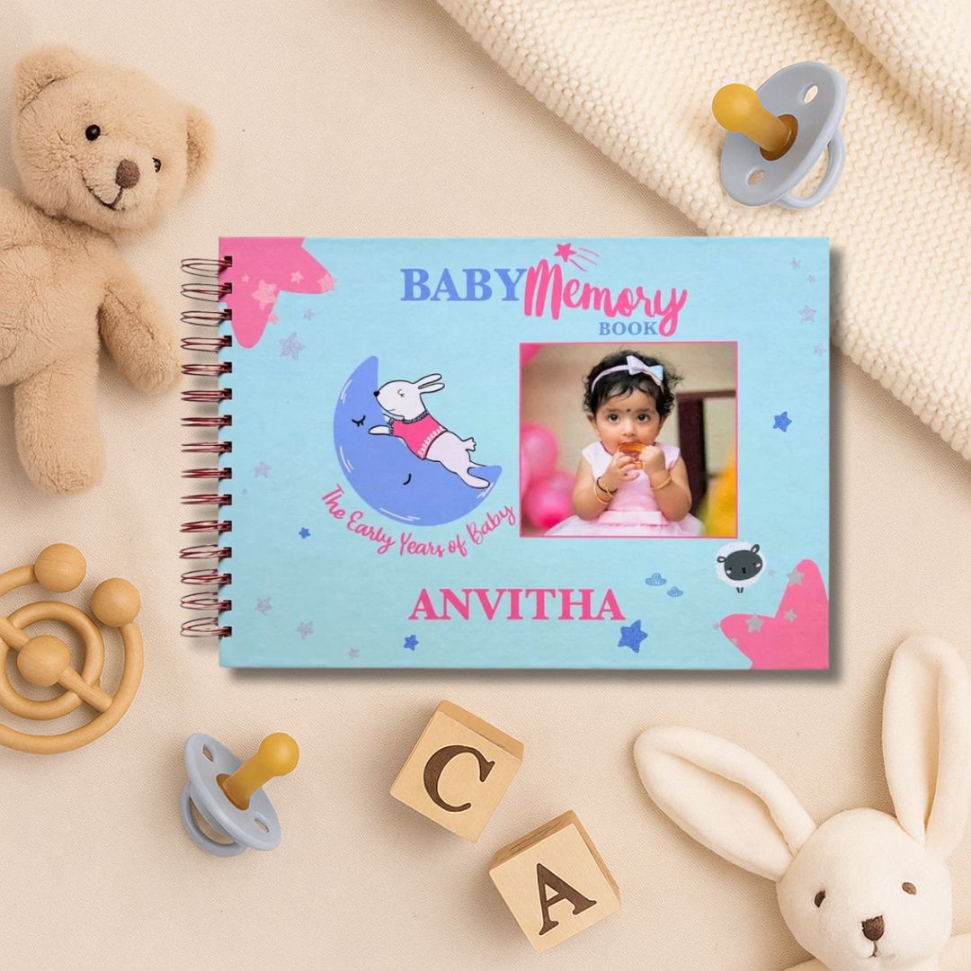 Baby memory book | Personalized with name and picture of your child | The Early Years - Blue | 0 to 4 years | A4 Size - Bop Canvases