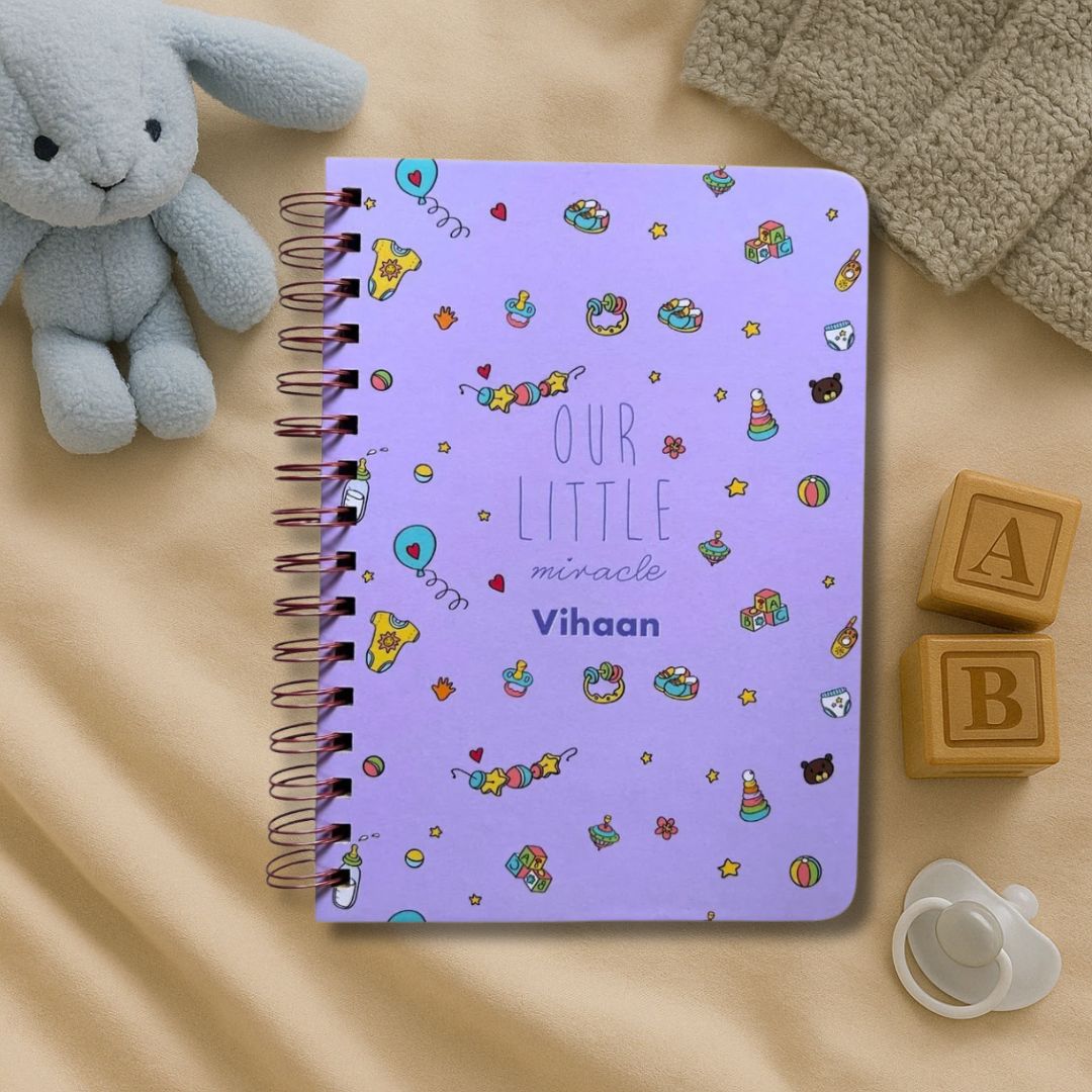 Baby memory book | Personalized with the name of your child | 0 to 4 years | A5 Size | Lullaby Purple - Bop Canvases