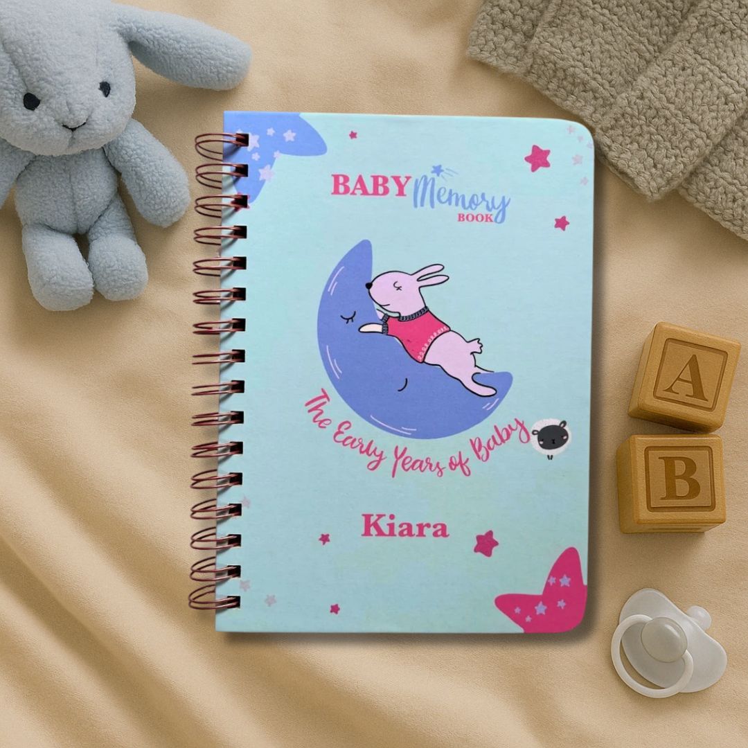 Baby memory book | Personalized with the name of your child | 0 to 4 years | A5 Size | Powder blue Bunny - Bop Canvases