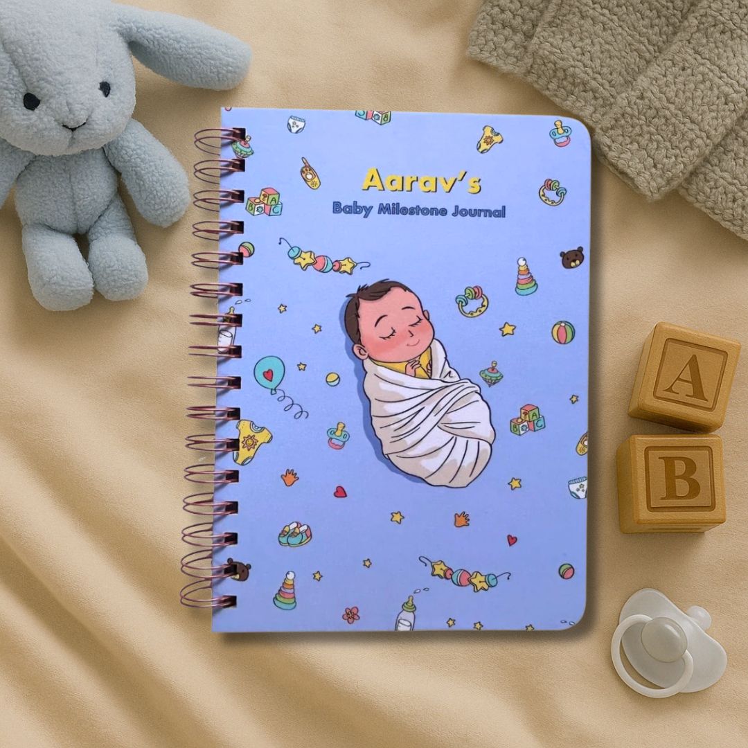 Baby memory book | Personalized with the name of your child | 0 to 4 years | A5 Size | Sleepy baby blue - Bop Canvases