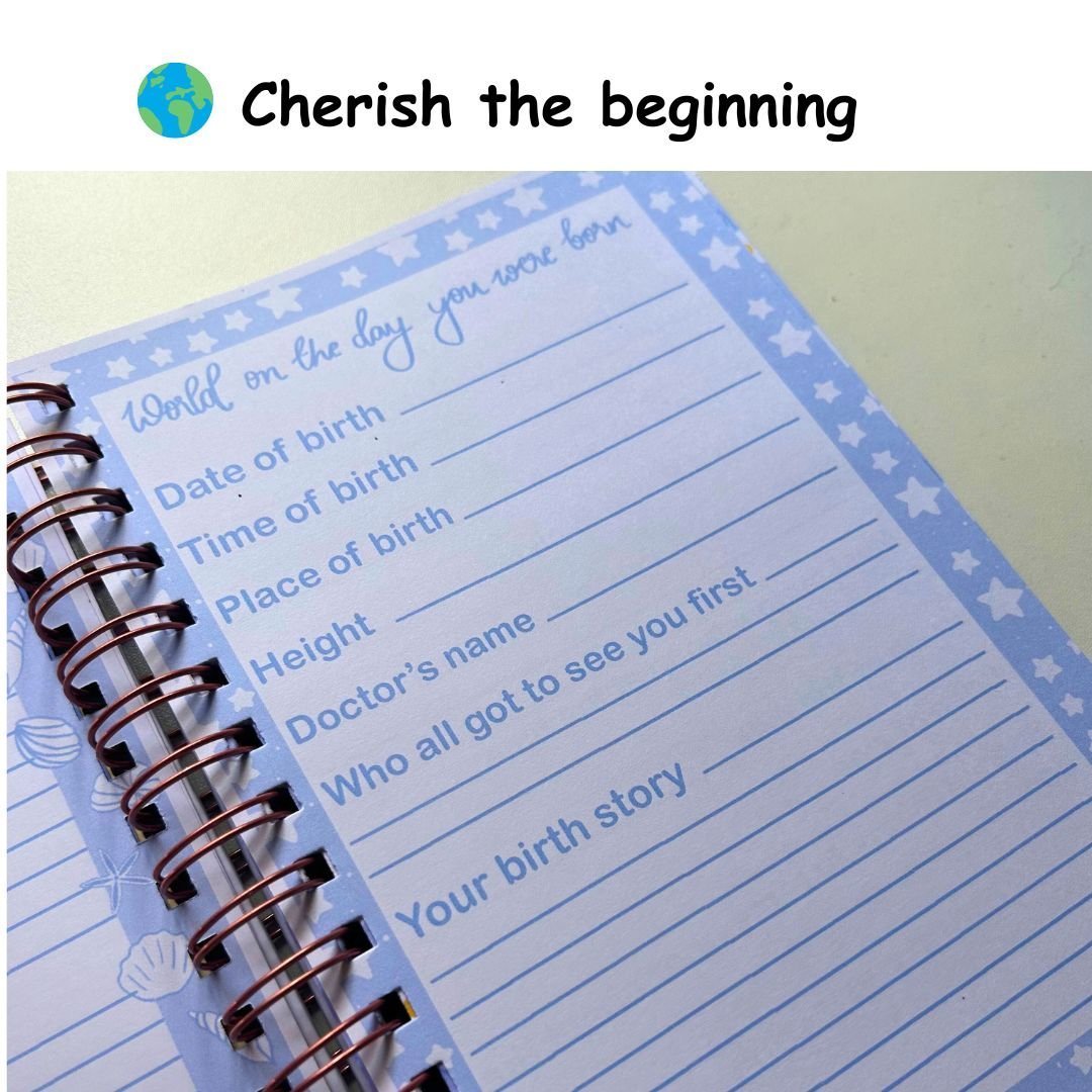 Baby memory book | Personalized with the name of your child | 0 to 4 years | A5 Size | Space Blue - Bop Canvases