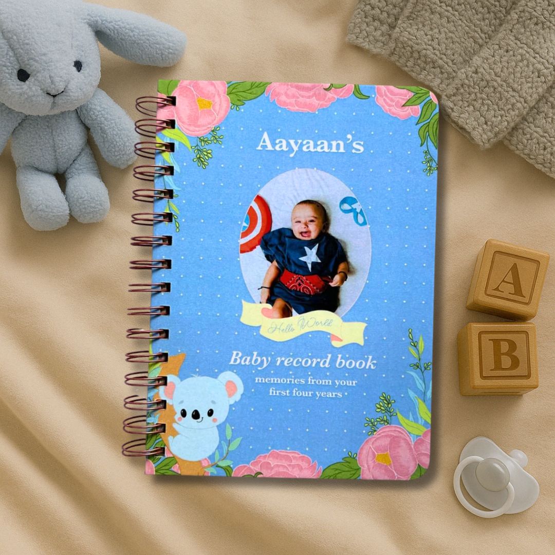 Baby memory book | Personalized with the picture & name of your child | 0 to 4 years | A5 Size | Blue - Bop Canvases