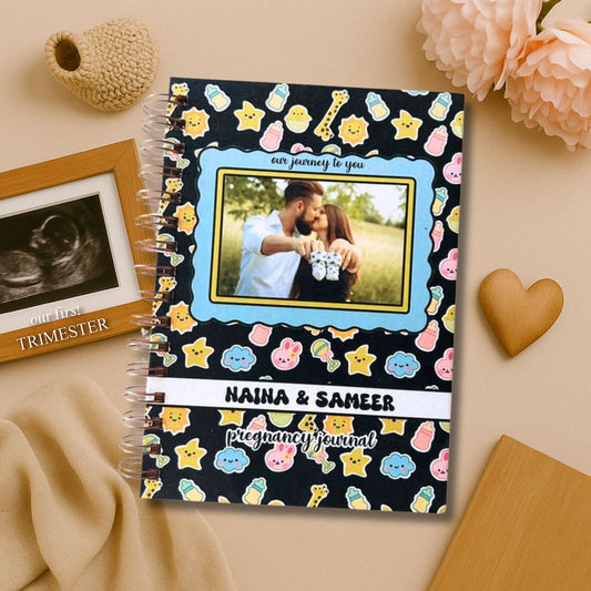 Pregnancy Journal - Picture & Name personalized | Parents to be | 9 Months Journal | Baby Bliss | Black - Bop Canvases