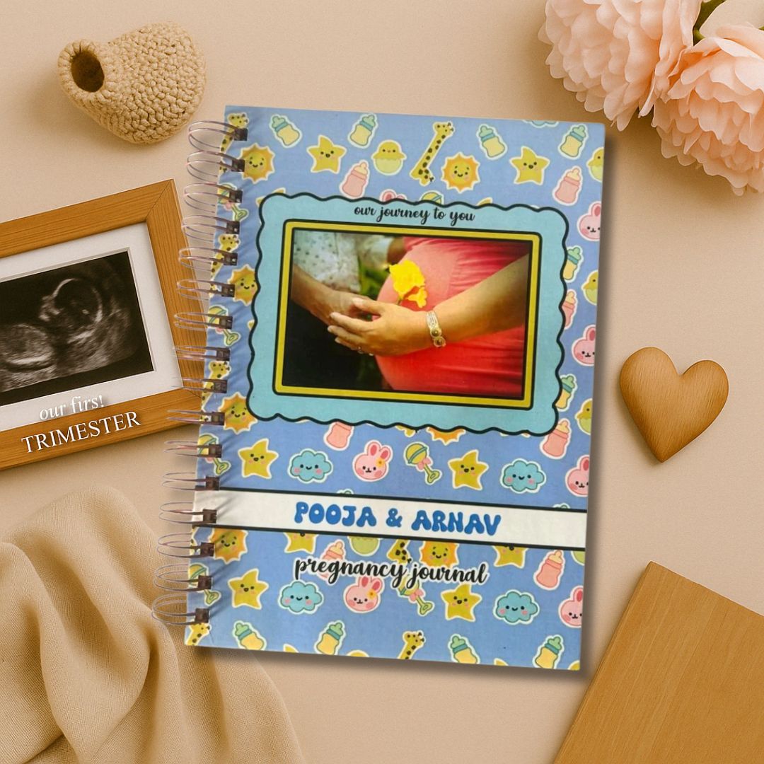 Pregnancy Journal - Picture & Name personalized | Parents to be | 9 Months Journal | Baby Bliss | Blue - Bop Canvases
