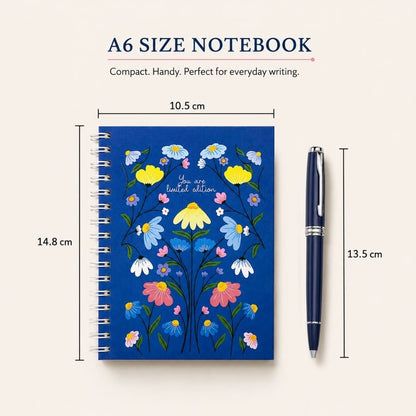A6 Spiral Notebook – [Flowers - Blue] | 160 Pages | 80 GSM | Hardcover | Unruled - Bop Canvases