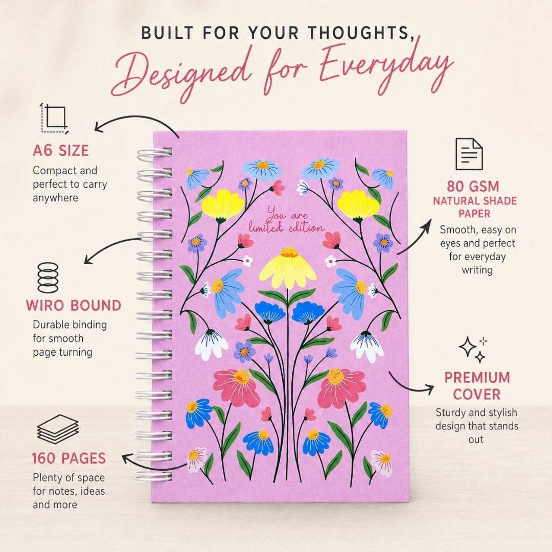 A6 Spiral Notebook – [Flowers - Pink] | 160 Pages | 80 GSM | Hardcover | Unruled - Bop Canvases