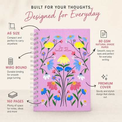 A6 Spiral Notebook – [Flowers - Pink] | 160 Pages | 80 GSM | Hardcover | Unruled - Bop Canvases
