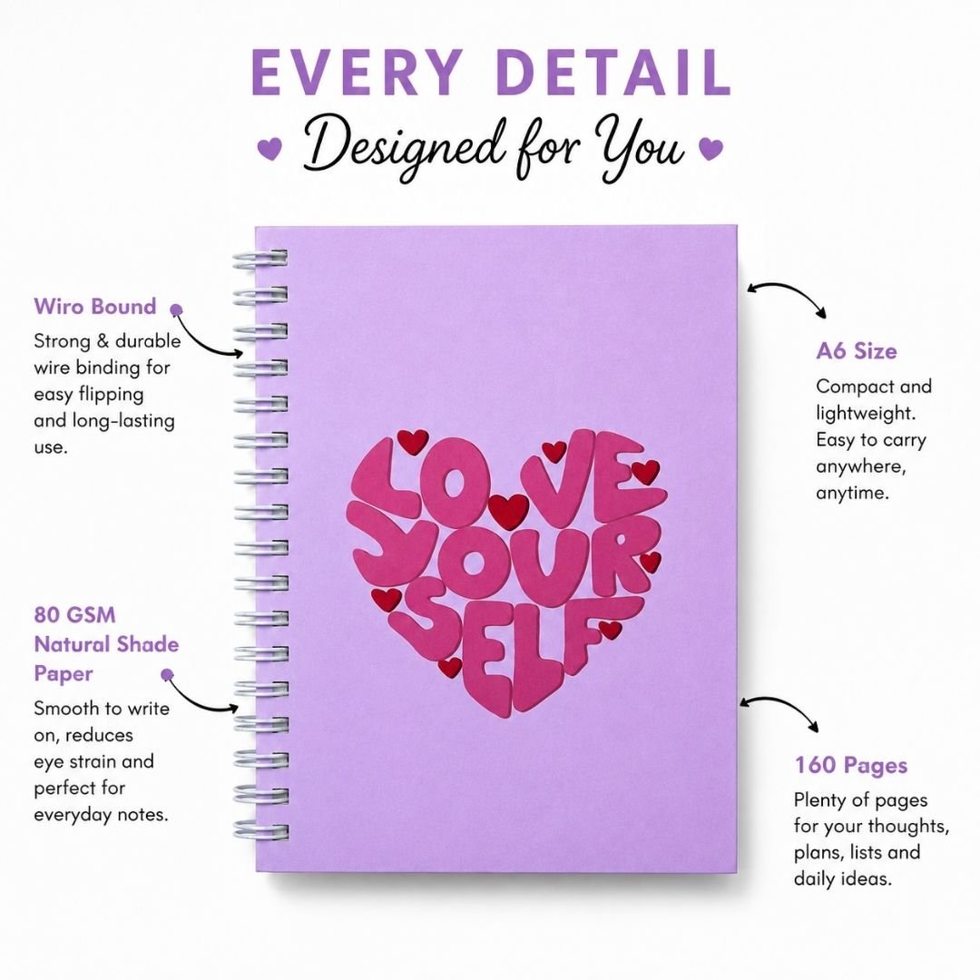 A6 Spiral Notebook – [Self love] | 160 Pages | 80 GSM | Hardcover | Unruled - Bop Canvases