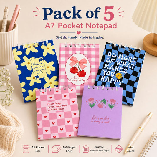 A7 Pocket Notepad Pack of 5 | Hardcover | 160 pages | | 80 GSM Natural Shade Paper - Bop Canvases
