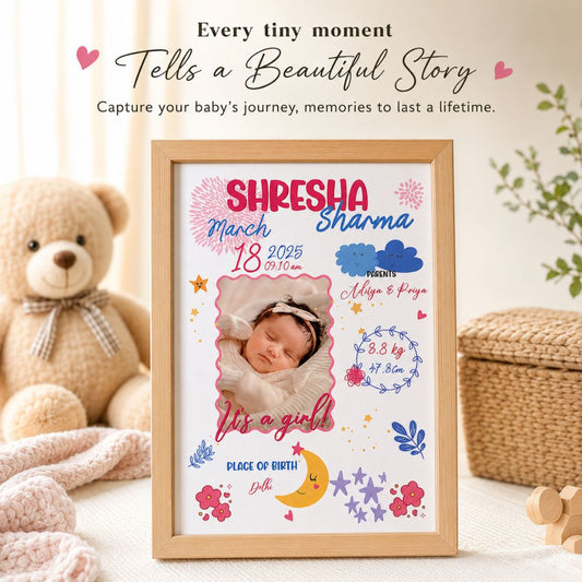 Baby birth personalized photo frame | A4 size | Little star - Pink - Bop Canvases
