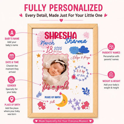 Baby birth personalized photo frame | A4 size | Little star - Pink - Bop Canvases