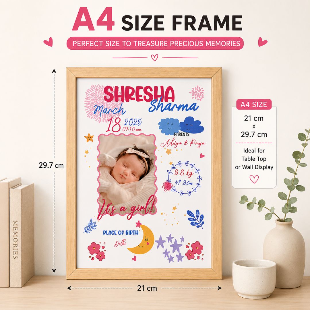 Baby birth personalized photo frame | A4 size | Little star - Pink - Bop Canvases