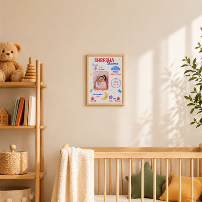 Baby birth personalized photo frame | A4 size | Little star - Pink - Bop Canvases