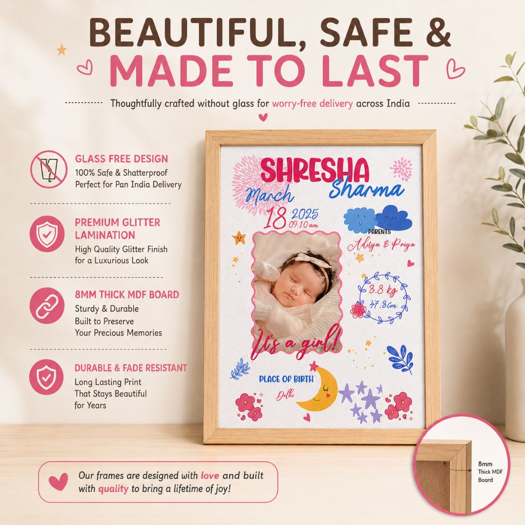 Baby birth personalized photo frame | A4 size | Little star - Pink - Bop Canvases
