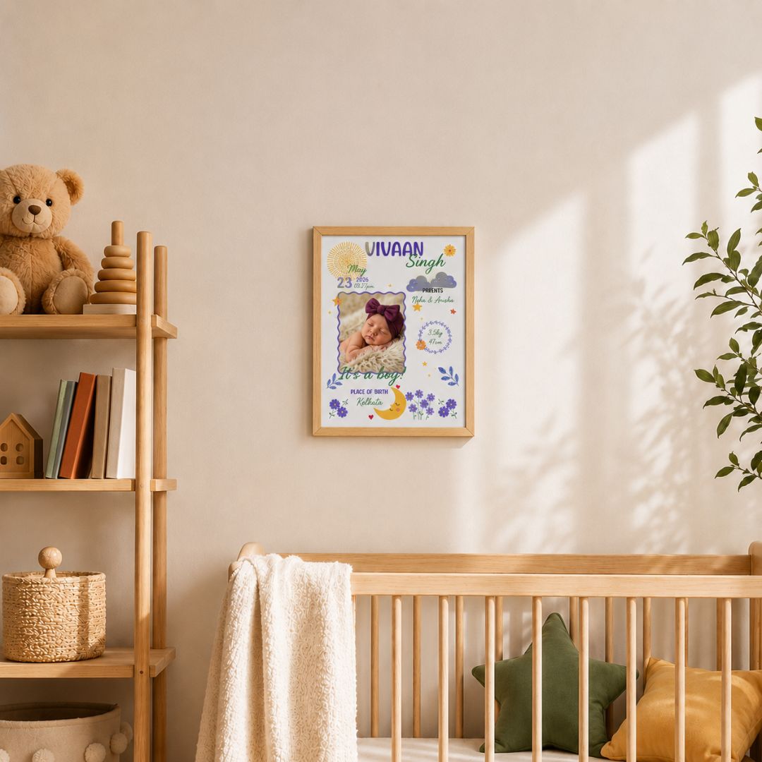 Baby birth personalized photo frame | A4 size | Little star - Purple - Bop Canvases