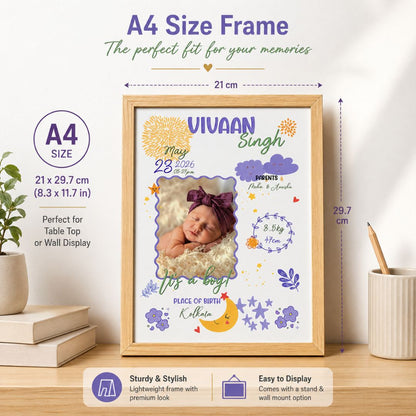 Baby birth personalized photo frame | A4 size | Little star - Purple - Bop Canvases