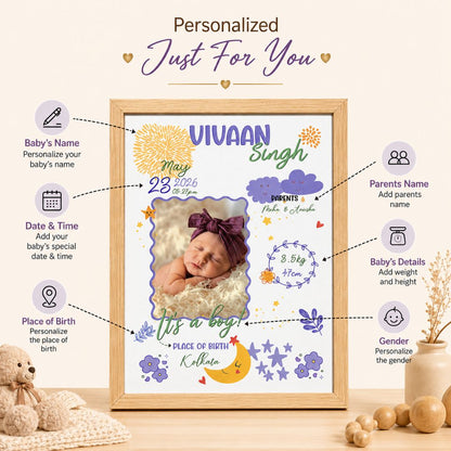 Baby birth personalized photo frame | A4 size | Little star - Purple - Bop Canvases