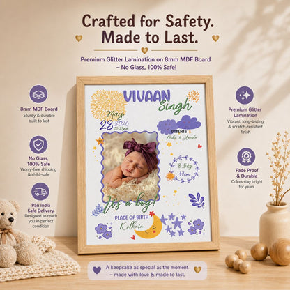 Baby birth personalized photo frame | A4 size | Little star - Purple - Bop Canvases