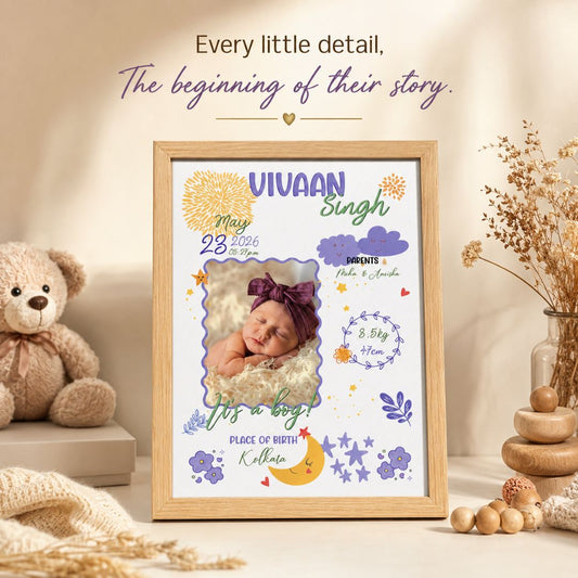 Baby birth personalized photo frame | A4 size | Little star - Purple - Bop Canvases