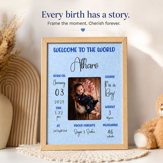 Baby birth personalized photo frame | A4 size | Welcome to the world - Blue - Bop Canvases