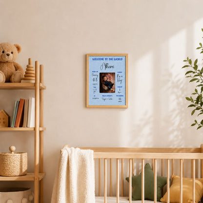 Baby birth personalized photo frame | A4 size | Welcome to the world - Blue - Bop Canvases