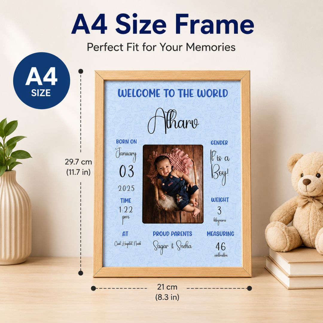 Baby birth personalized photo frame | A4 size | Welcome to the world - Blue - Bop Canvases