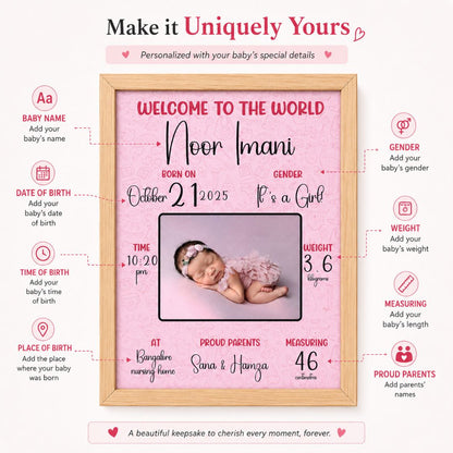 Baby birth personalized photo frame | A4 size | Welcome to the world - Pink - Bop Canvases