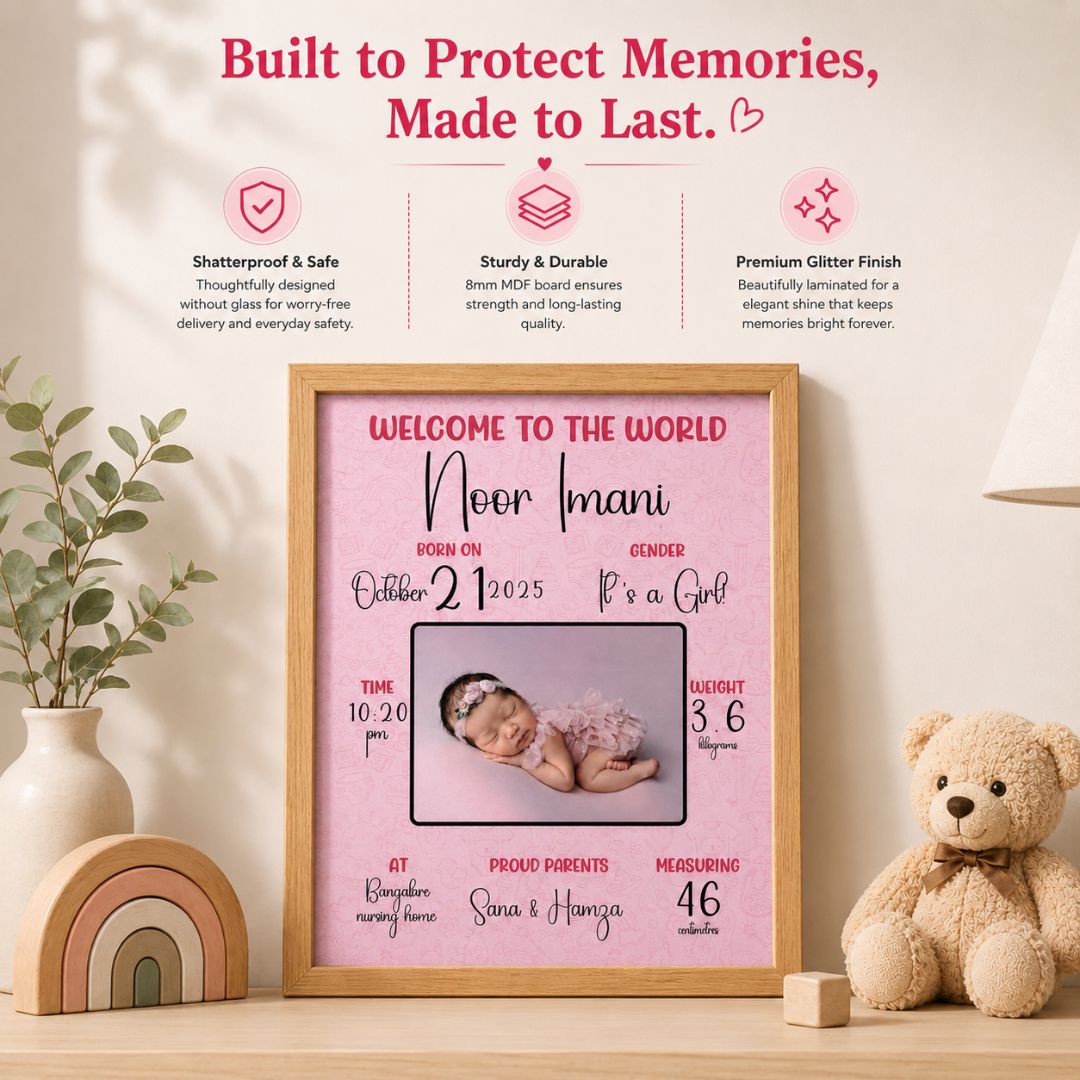 Baby birth personalized photo frame | A4 size | Welcome to the world - Pink - Bop Canvases