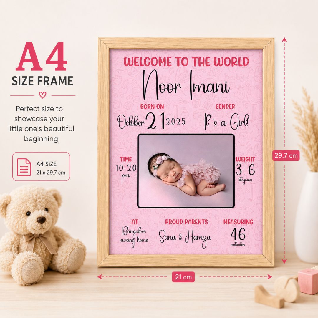 Baby birth personalized photo frame | A4 size | Welcome to the world - Pink - Bop Canvases