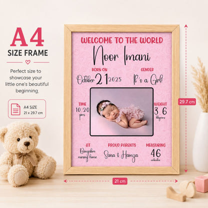 Baby birth personalized photo frame | A4 size | Welcome to the world - Pink - Bop Canvases