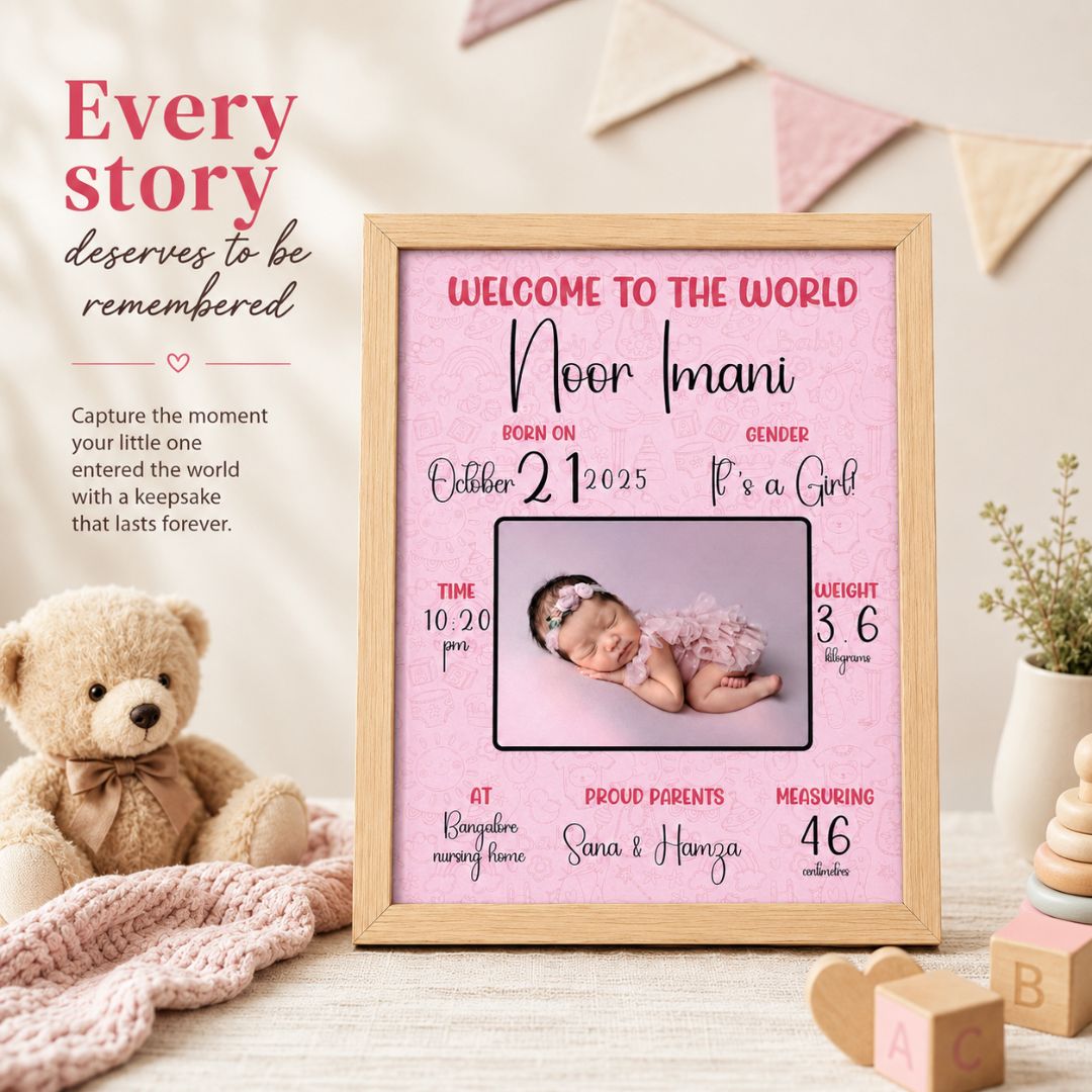 Baby birth personalized photo frame | A4 size | Welcome to the world - Pink - Bop Canvases