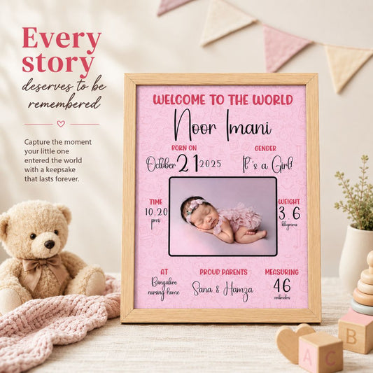 Baby birth personalized photo frame | A4 size | Welcome to the world - Pink - Bop Canvases