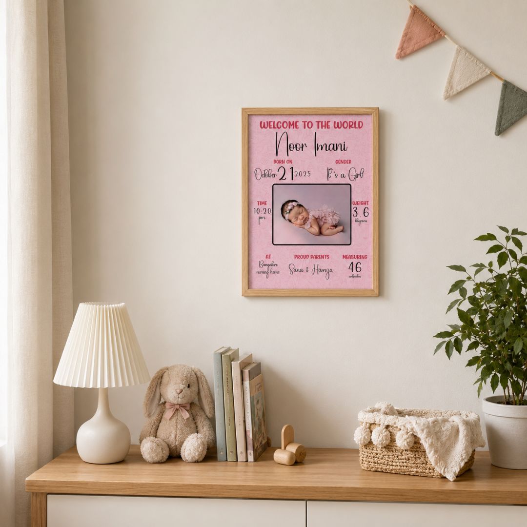 Baby birth personalized photo frame | A4 size | Welcome to the world - Pink - Bop Canvases