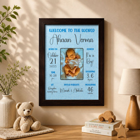 Baby birth personalized photo frame (Welcome to the world - Blue) - Bop Canvases
