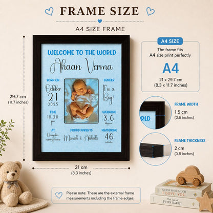 Baby birth personalized photo frame (Welcome to the world - Blue) - Bop Canvases