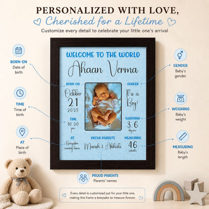 Baby birth personalized photo frame (Welcome to the world - Blue) - Bop Canvases
