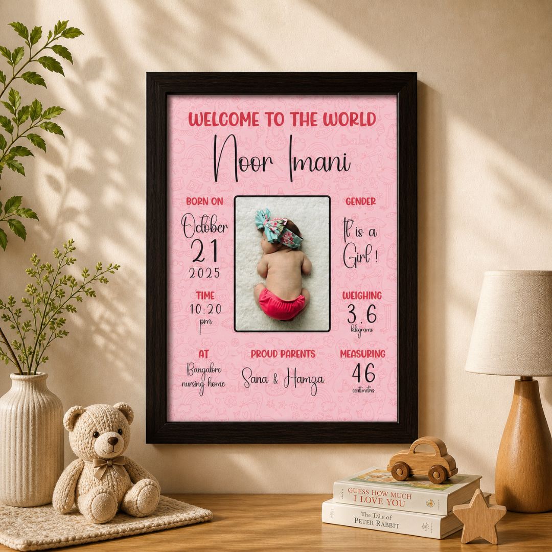 Baby birth personalized photo frame (Welcome to the world - Pink) - Bop Canvases