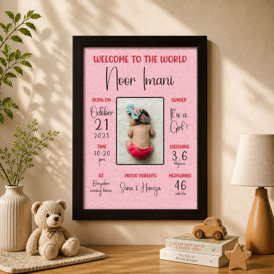 Baby birth personalized photo frame (Welcome to the world - Pink) - Bop Canvases