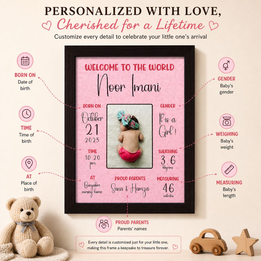 Baby birth personalized photo frame (Welcome to the world - Pink) - Bop Canvases