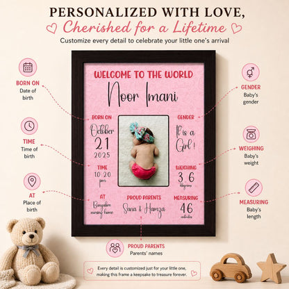 Baby birth personalized photo frame (Welcome to the world - Pink) - Bop Canvases