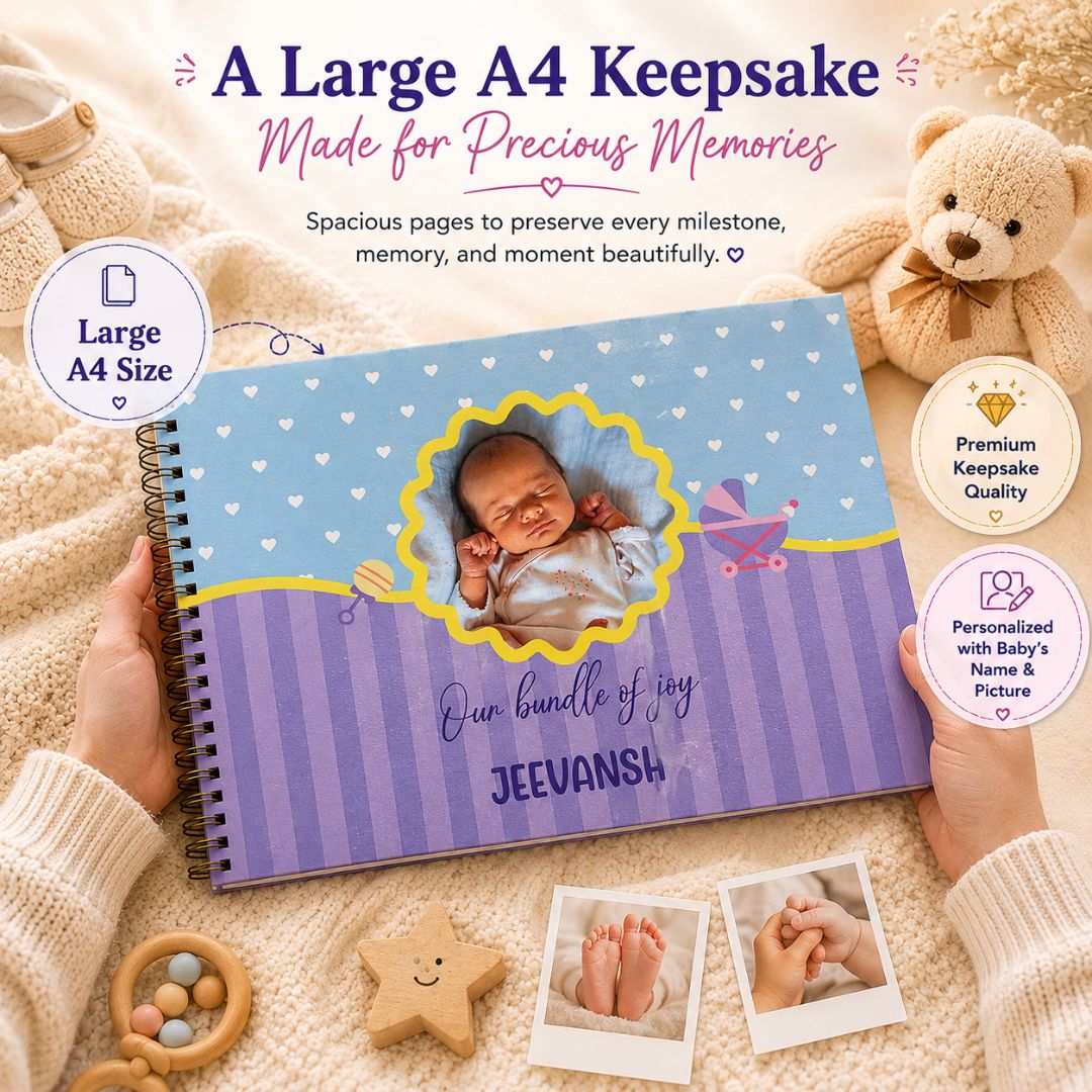 Baby memory book | Personalized with name and picture | 0 to 4 years | A4 Size (Our bundle of joy - Pink ) - Bop Canvases