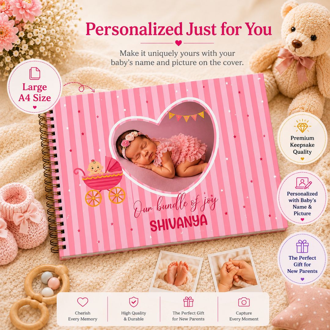 Baby memory book | Personalized with name and picture | 0 to 4 years | A4 Size (Our bundle of joy - Purple) - Bop Canvases