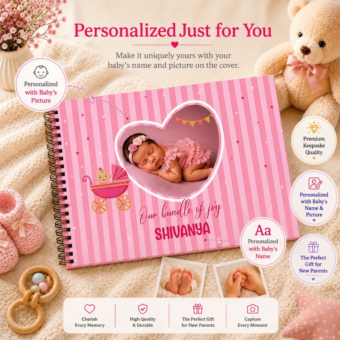 Baby memory book | Personalized with name and picture | 0 to 4 years | A4 Size (Our bundle of joy - Purple) - Bop Canvases