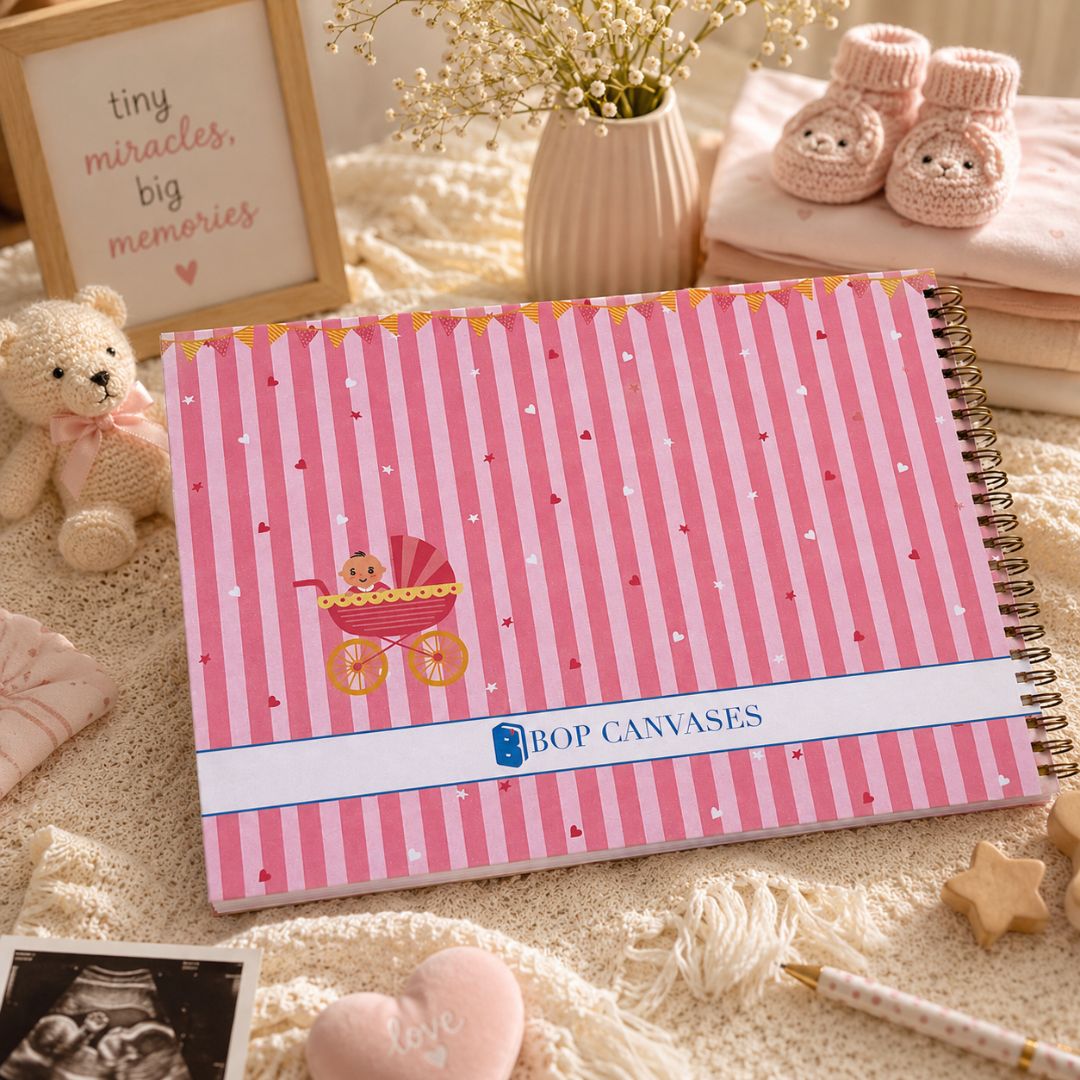 Baby memory book | Personalized with name and picture | 0 to 4 years | A4 Size (Our bundle of joy - Purple) - Bop Canvases