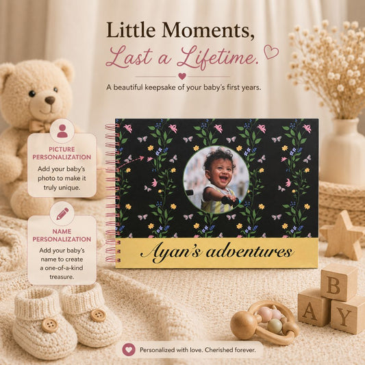 Baby memory book | Personalized with name and picture | Floral Black | 0 to 4 years | A4 Size - Bop Canvases