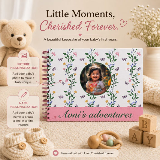 Baby memory book | Personalized with name and picture | Floral Pink | 0 to 4 years | A4 Size - Bop Canvases