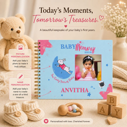 Baby memory book | Personalized with name and picture | The Early Years - Blue | 0 to 4 years | A4 Size - Bop Canvases