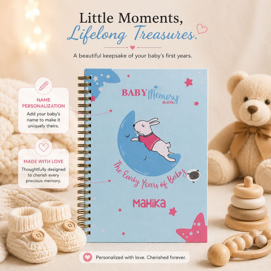 Baby memory book | Personalized with the name | 0 to 4 years | A5 Size | Powder blue Bunny - Bop Canvases